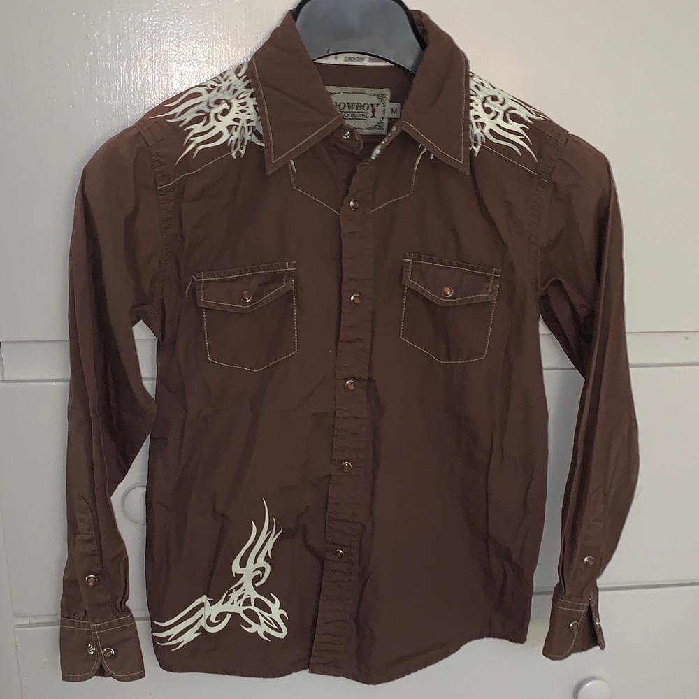 Kids Brown Button-Down Shirt with White Tribal Accents